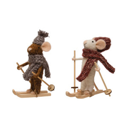 Felt Mouse Ornament -Wool Felt Skiing Mouse w/Knit Hat & Scarf