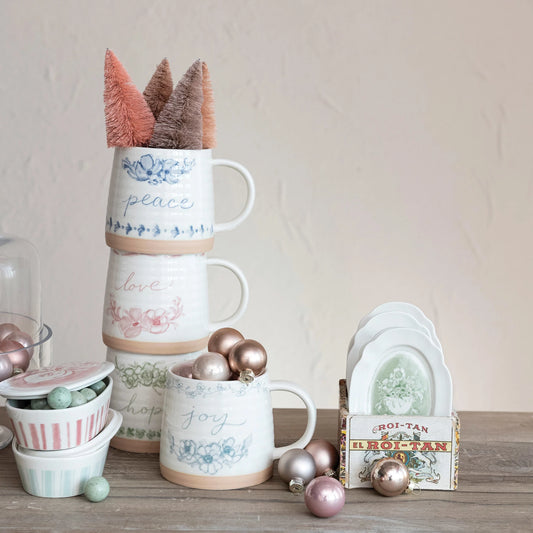 Stoneware Mug w/ Flowers & Word, 4 Styles