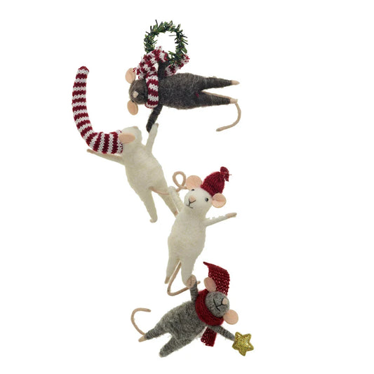 Felt Mice Hanging From Wreath Ornament Garland