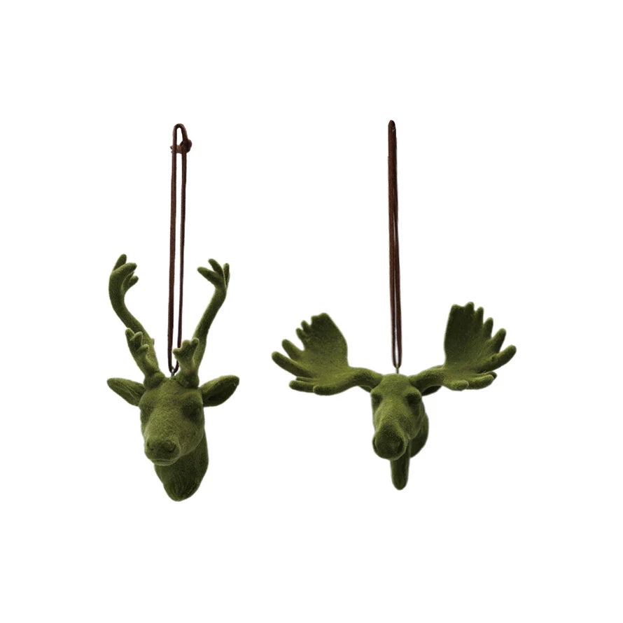 Flocked Green Deer and Moose Christmas Ornaments