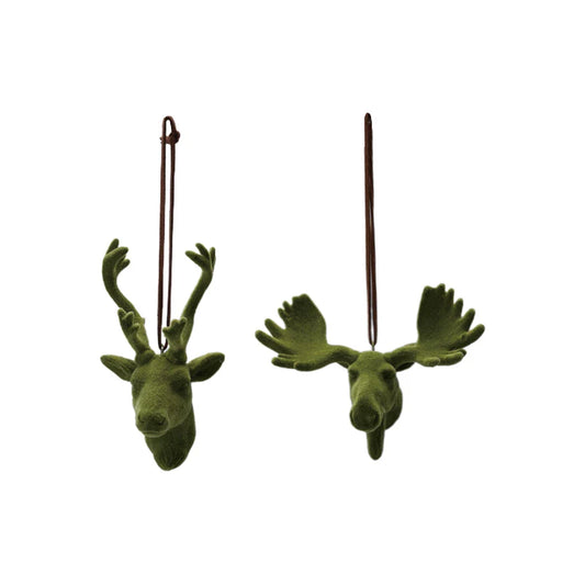 Flocked Green Deer and Moose Christmas Ornaments