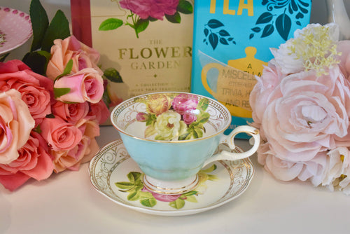 Elegant Floral Bouquet Gold in Mint Blue Teacup and Saucer - Front & Company: Gift Store