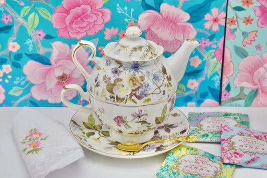 Tea for One Gift Set. Vintage Wild Flowers, Roses on White