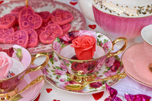 Load image into Gallery viewer, English Garden Pink, Red Roses, and Gold Teacup and Saucer
