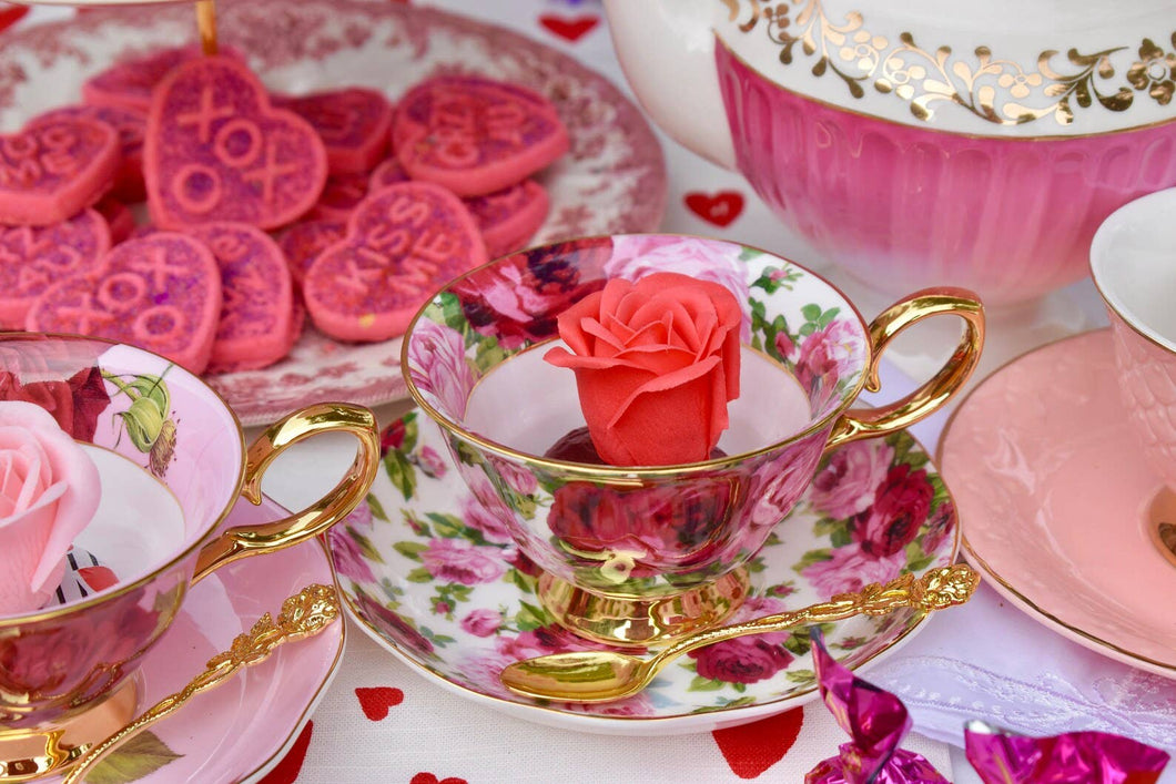 English Garden Pink, Red Roses, and Gold Teacup and Saucer