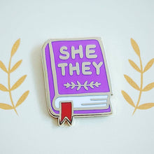 Load image into Gallery viewer, Pronoun Book Pin - she/they
