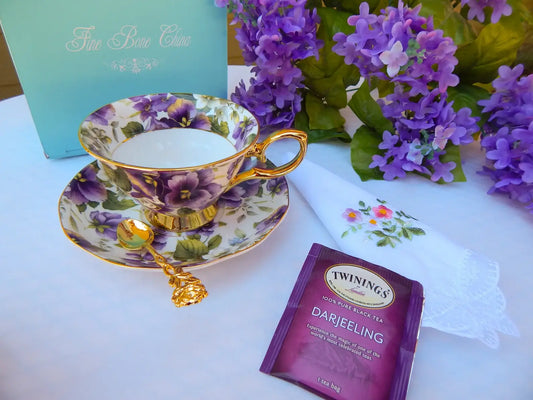 English Garden Purple Pansies Floral. Teacup and Saucer