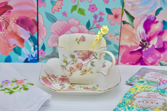 Dainty Romantic White and Pink Floral Teacup and Saucer