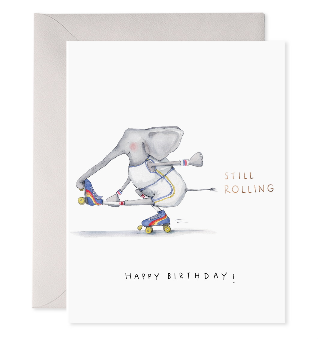 Still Rolling | Rollerskating Elephant Birthday Card