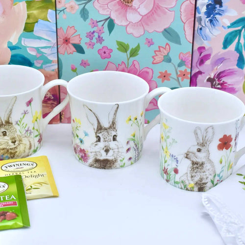 Easter Bunny Spring Flowers Bone China Mug Cup - Front & Company: Gift Store